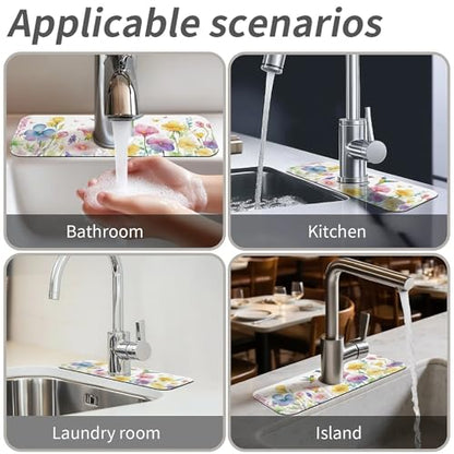 Kitchen Sink Splash Guard，Spring-flowers with hummingbirds Faucet Mat Sink Gadgets-Super Absorbent Fast Drying Mat Drip Catcher for Kitchen, Bathroom,Sink Mat, Dish Drying Mat, Bathroom(15" X 5.5" ) - color: Spring-flowers with hummingbirds