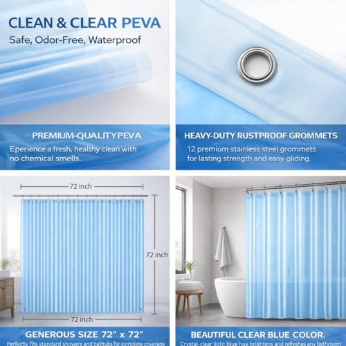 EHZNZIE Clear Blue Shower Curtain Liner 72x72, PEVA Waterproof Bath Curtain, No Chemical Smell, 3 Weighted Magnets, Durable with Rustproof Metal Grommets - color: Clear Blue, size: 72"W x 72"L (Pack of 1)