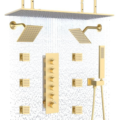 HOMEDEC 15.7x31.5" Ceiling Rain Shower System with Handheld, 6 Spray Jets, and Dual Side 6" Wall Mount Shower Head, Brushed Gold - color: Brushed Gold, style: 5-Way + 2x 6" Top