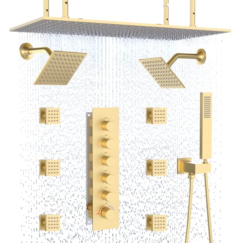 HOMEDEC 15.7x31.5" Ceiling Rain Shower System with Handheld, 6 Spray Jets, and Dual Side 6" Wall Mount Shower Head, Brushed Gold - color: Brushed Gold, style: 5-Way + 2x 6" Top