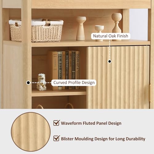 Fluted Storage Cabinet for Bathroom, 3 Drawer Floor Cabinet with Sliding Door, Mid Century Storage Organizer with Adjustable Shelf, Modern Curved Edge Cabinet for Dining Room Kitchen (Natural)