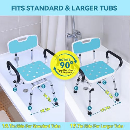 Swivel Shower Chair for Inside Shower, 400 lbs, Adjustable Height | Non-Slip Shower Stool with Removable Back and Arms, Lightweight Safety Bath Seat for Elderly and Disabled, Padded Arms - color: Powder Blue