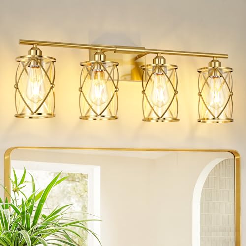 4-Light Brushed Gold Bathroom Light Fixtures, 29 Inch Modern Bathroom Vanity Lighting Fixtures Over Mirror with Clear Glass and Metal Cage Wall Sconce Lights for Bath, E26, CH9176BG-4W - color: Gold + Clear Glass, size: 4-Light, 29" L