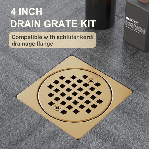 Champagne Bronze 4 inch Square Floor Drain Grate Kit with Adjustable Collar | Compatible with Schluter Kerdi Drain Flange, SUS304 Stainless Steel Removable Square Floor Drain with ABS Flange - color: Champagne Bronze