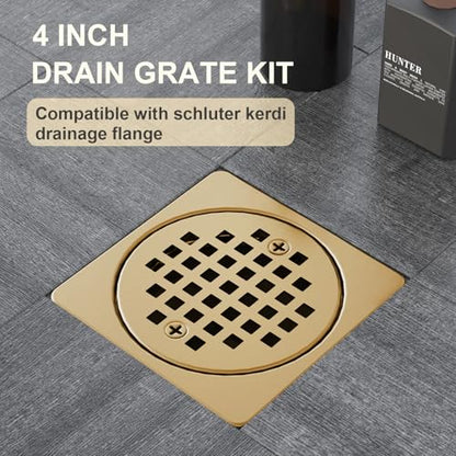 Champagne Bronze 4 inch Square Floor Drain Grate Kit with Adjustable Collar | Compatible with Schluter Kerdi Drain Flange, SUS304 Stainless Steel Removable Square Floor Drain with ABS Flange - color: Champagne Bronze