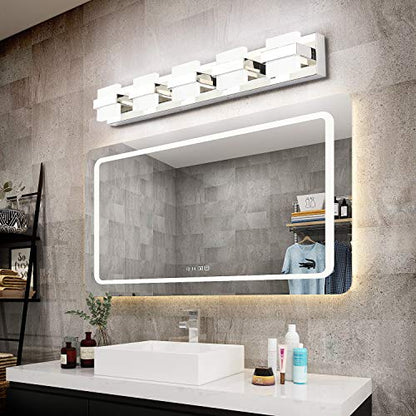 SOLFART Chrome 5 Light Bathroom Vanity Lights Over Mirror, Modern Chrome Bathroom Light Fixtures LED Lights Dimmable - color: Upgraded Chrome-6000K,100%-0% Dimmble Brightness, size: 5- Light,34Inch
