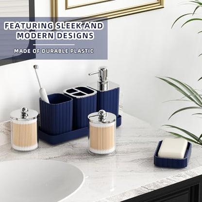 XLHOMO Bathroom Accessory Set - Gorgeous Bathroom Set, 7PC Navy Blue Bathroom Set, Soap Dispenser, Toothbrush Holder, Qtip Holder Set, Bathroom Sets Complete, Bathroom Sink Set for Home Decor - style: Navy Blue&Silver