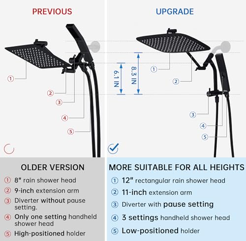 G-Promise 12 Inch All Metal Rain Shower Head with Handheld (Matte Black) | Suits Every Height, Pause Mode Diverter, Massage Mode Handheld, Full Body Coverage, Easy to Install, Modern Bath Upgrade - color: Matte Black, size: 12 Inch