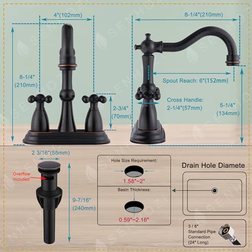 Oil Rubbed Bronze Bathroom Faucet 2 Hole, 4 Inch Centerset Antique Bathroom Faucet with Pop Up Drain and Supply Hose, Modern Bathroom Faucet Vanity Faucet, SE-0038-ORB - color: Oil Rubbed Bronze