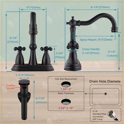 Oil Rubbed Bronze Bathroom Faucet 2 Hole, 4 Inch Centerset Antique Bathroom Faucet with Pop Up Drain and Supply Hose, Modern Bathroom Faucet Vanity Faucet, SE-0038-ORB - color: Oil Rubbed Bronze