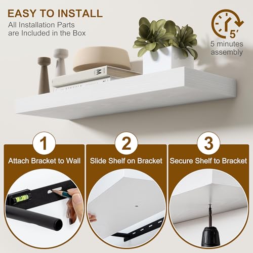 Fun Memories 66 Inch Fireplace Mantel - Long Floating Shelf, Wall Mounted Farmhouse Display with Invisible Heavy Duty Metal Bracket, White, 2 Pack - color: White, size: 67"W x 6.5"D