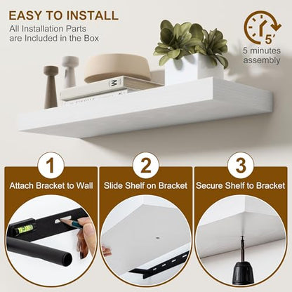 Fun Memories 60 Inch Fireplace Mantel - Long Floating Shelf, Wall Mounted Farmhouse Display with Invisible Heavy Duty Metal Bracket, White, 2 Pack - color: White, size: 60"W x 6.5"D