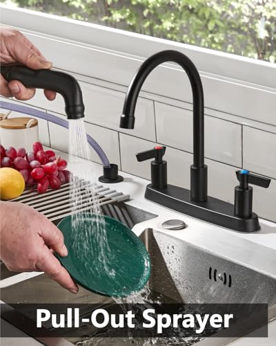 Kitchen Faucet with Side Sprayer, 8 Inch Centerset 4-Hole Black | Lead-Free 4-Hole High Arc Kitchen Sink Faucet, 1.8 GPM, 360° Spout - color: Black
