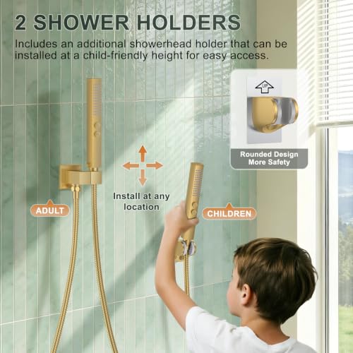 Rain Shower System with Rough-in Valve, Wall Mount Shower Faucet Set with 12" & 6" Dual Rain Shower Heads, 2-in-1 Handheld Shower, Tub Spout, 4-Function Complete Shower Fixture, Brushed Gold - color: Brushed Gold, size: Wall Mount-12"+6" head with Tub Spo