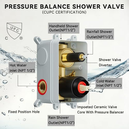 Shower Systems Shower Faucet Sets STARBATH 3 Way 12+6" Round Dual Rainfall Shower Head with Handheld Spray Combo, Ceiling Mounted Rain Shower Valve with 5 Diverter and Trim Kit Complete, Matte Black - color: Matte Black, size: 6+12 inch-04