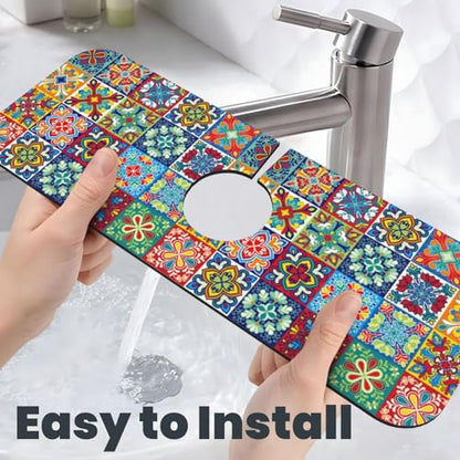 Talavera Mexican Ceramic Tile Floral Kitchen Sink Splash Guard Faucet Mat Super Absorbent Fast Drying Mat Sink Gadgets-Fast Drying Pad Sink Mat For Kitchen Bathroom (15" X 5.5" ) - color: Talavera Mexican Ceramic Tile