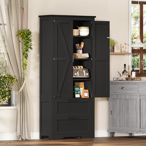 66.1" H Storage Cabinet, Farmhouse Kitchen Pantry Cabinet with 2 Drawers & Adjustable Shelf, Bathroom Cabinet, for Living Room, Kitchen, Bathroom, Black - color: Black