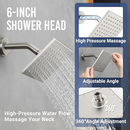 Thermostatic Dual Rianfall Shower System with 6+16-Inch Shower Heads, Brushed Nickel Ceiling Mount Full Body Rain Shower Faucet Set with Double High Pressure HandHeld Sprayer for 2-Person - color: Brushed Nickel