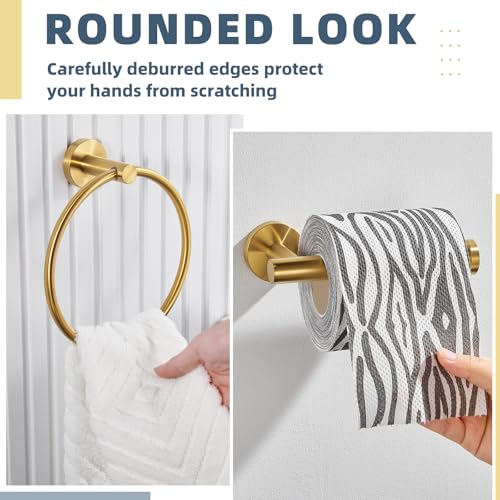 Brushed Gold Bathroom Accessories Set, 2-Piece, 304 Stainless Steel | Practical Bathroom Hardware Set for Bathroom Restroom Sink, Rotatable Towel Ring, Open-arm Toilet Paper Holder, Wall Mounted - color: Brushed Gold Round Shape