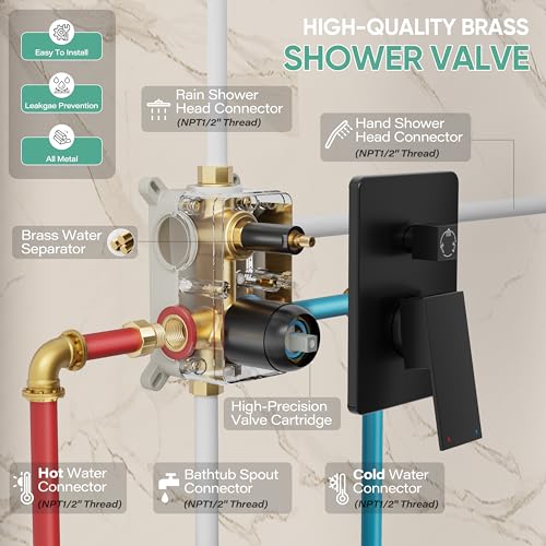 Black Tub Shower System with 12" Rain Head, Handheld & Valve Kit | All-Metal Tub Shower Faucet Set, Wall Mounted Rain Showerhead, Handheld Spray, Includes Valve and Trim Kit, Matte Black - color: Matte Black 12