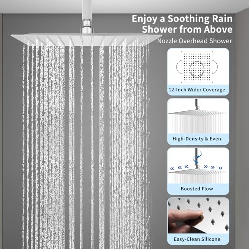 Dual Shower Mixer 6 Way Full Body Shower Head System Rain 12+8+8 Inch With Wall Mount 6 Pcs Jets 2 Handheld Shower Diverter Valve Digital Display Fauct Set，Chrome - color: Chrome