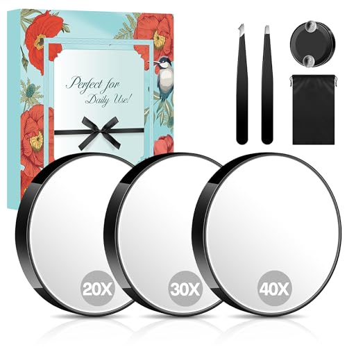 MIYADIVA Magnifying Mirror 40X/30X/20X, 3.5 Inch Round Compact Mirror with Suction Cup, 2Ps Stainless Steel Tweezers, Perfect for Makeup, Eyebrows, Beards, Travel - color: Black-40xset