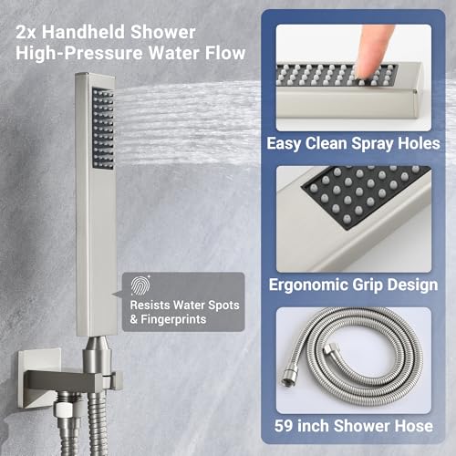 Thermostatic Dual Rianfall Shower System with 6+16-Inch Shower Heads, Brushed Nickel Ceiling Mount Full Body Rain Shower Faucet Set with Double High Pressure HandHeld Sprayer for 2-Person - color: Brushed Nickel