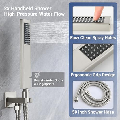 Thermostatic Dual Rianfall Shower System with 6+16-Inch Shower Heads, Brushed Nickel Ceiling Mount Full Body Rain Shower Faucet Set with Double High Pressure HandHeld Sprayer for 2-Person - color: Brushed Nickel