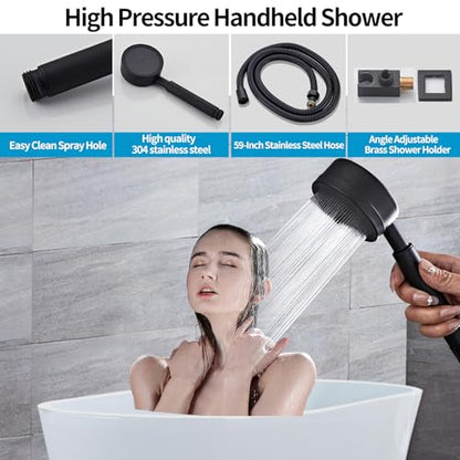 Matte Black Shower Tub Faucet Set, Wall Mounted 8 Inch Shower Heads with Handheld Spray Combo and Tub Shower Faucet, Luxury Bathroom Square Rain Shower System - 4 Hooks - color: Matte Black, style: 8 Inch with Tub Spout