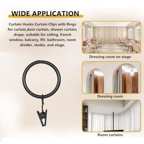 Curtain Rings with Hooks 14 Pack - Rustproof Metal Drapery Clips for Window, Shower, Door, 1.5" Inner Diameter, Smooth Gliding, Fits 5/8" to 3/4" Rods, Black - color: Black