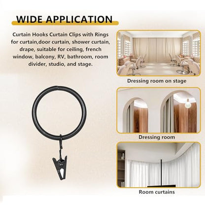 Curtain Rings with Hooks 14 Pack - Rustproof Metal Drapery Clips for Window, Shower, Door, 1.5" Inner Diameter, Smooth Gliding, Fits 5/8" to 3/4" Rods, Black - color: Black