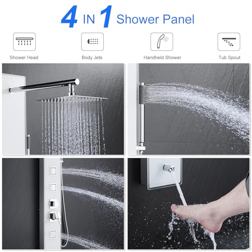 8" Wall Mount Glass Shower Panel Tower System Stainless Steel White | 51 inch Tempered glass shower panel | 8" rain shower head | 14.5" shower arm | 304 stainless steel | Wall mount - style: Square Shower