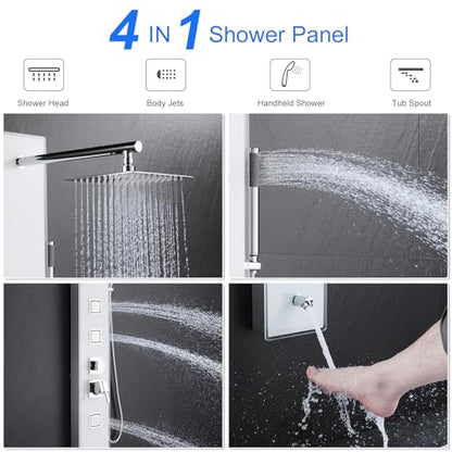 8" Wall Mount Glass Shower Panel Tower System Stainless Steel White | 51 inch Tempered glass shower panel | 8" rain shower head | 14.5" shower arm | 304 stainless steel | Wall mount - style: Square Shower
