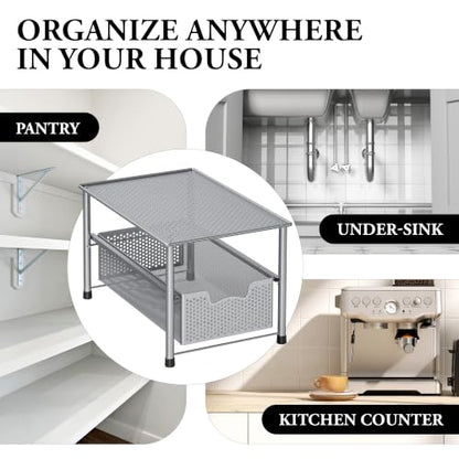 Simple Houseware Stackable Under Sink Sliding Basket Drawer, Silver | Perforated Free Standing Organizer, Kitchen/Pantry/Cabinet/Counter - color: Silver