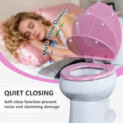 Angol Shiold Glitter Toilet Seat Molded Wood Elongated Toilet Seat with Quietly Close and Quick Release Hinges, Easy to Clean also Easy to Install (Elongated 18.5'', Pink) - color: Pink, size: Elongated 18.5‘’