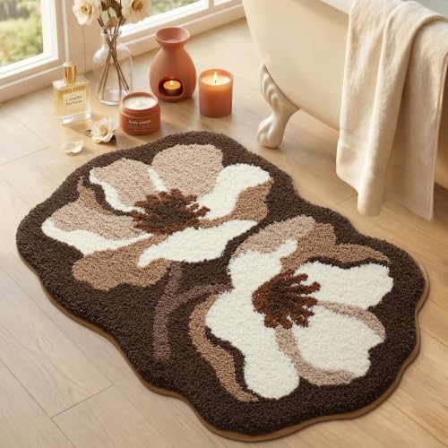 LUMI Flower Bathroom Rug, Absorbent Non Slip Bath Mat, 20x32, Brown Flower | Funny Soft Plush Microfiber Rug, Quick Dry, Washable Cute Brown Bath Mats for Shower Floor, Sink Bathtub, Bedroom, Kids Room - color: Floral-brown Flower