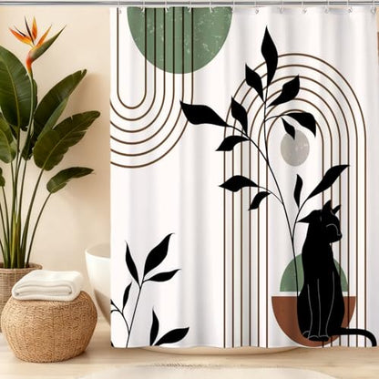 Mid Century Modern Shower Curtain, Minimalist Boho Chic Cat with Leaves Shower Curtains for Bathroom, Sage Green Black Waterproof Polyester Fabric Shower Curtain Set with Hooks, 72 x 72 inches - color: Brown Black