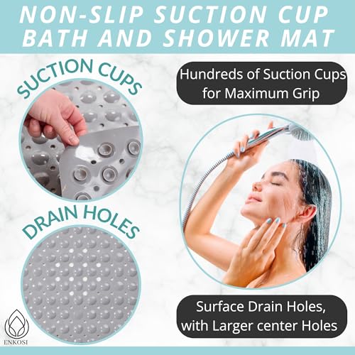 ENKOSI Non-Slip Bath & Shower Mat 40x16 Extra Long, Suction & Drain Holes | Gray color; Durable PVC; 40x16 in, Gray - color: Gray