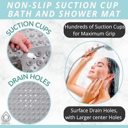 ENKOSI Non-Slip Bath & Shower Mat 40x16 Extra Long, Suction & Drain Holes | Gray color; Durable PVC; 40x16 in, Gray - color: Gray
