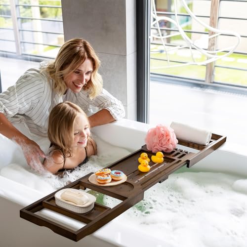 Wood Bathtub Tray Table - Foldable Bath Tray for Tub with Expandable Handles, Wine Glass & Phone Holder, Book Stand - Enhance Home Spa Experience with Natural TeakMaterial, Walnut - color: Walnut
