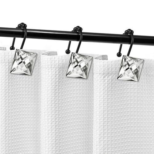 Sunlit Luxury Design Square Clear Diamond Crystal Gem Bling with Glide Balls Shower Curtain Hooks, Rust Proof Metal Rhinestones Glam Shower Curtain Rings with Black Hooks, Set of 12 - color: Clear With Black Hooks
