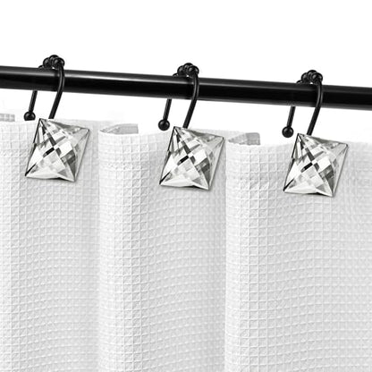 Sunlit Luxury Design Square Clear Diamond Crystal Gem Bling with Glide Balls Shower Curtain Hooks, Rust Proof Metal Rhinestones Glam Shower Curtain Rings with Black Hooks, Set of 12 - color: Clear With Black Hooks