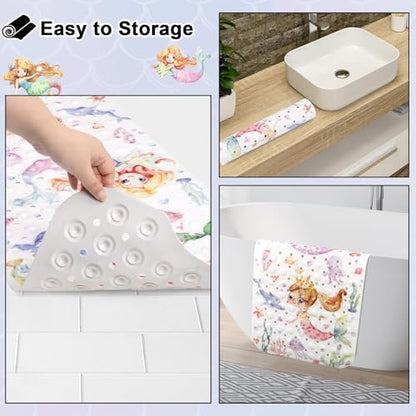 Topotdor Kids Bathtub Mat Non Slip, Tub Mat with Suction Cups 40x16 Inch | Nautical Mermaid Bath Mats for Baby , Extra Long Washable Bath Tub Mat with Drain Holes for Bathroom inside Tub - color: Pink Mermaid