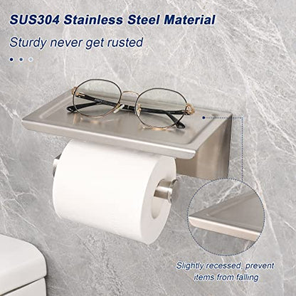 NearMoon Toilet Paper Holder with Shelf, Heavy Duty Bath Toilet Roll Holder with Phone Shelf Tissue Hanger for Bathroom/Kitchen No Drill or Wall Mounted(304 Stainless Steel, Brushed Nickel) - color: Brushed Nickel