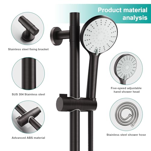 Shower Slide Bar Handheld Shower Head with Hose, 5-Function Hand Shower with Wall Mount，shower slide bar,adjustable height shower head (A-round, ORB) - color: ORB