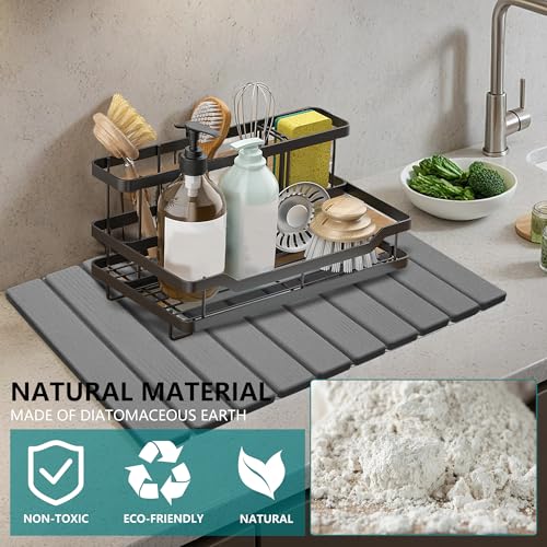Stone Drying Mat for Kitchen Counter, Quick Dry Absorbent Collapsible Dish Drying Mat, Eco-Friendly Absorbent Diatomaceous Earth Mats for Dishes Bottles Cups Bathroom Any Counterop 24" x 15"