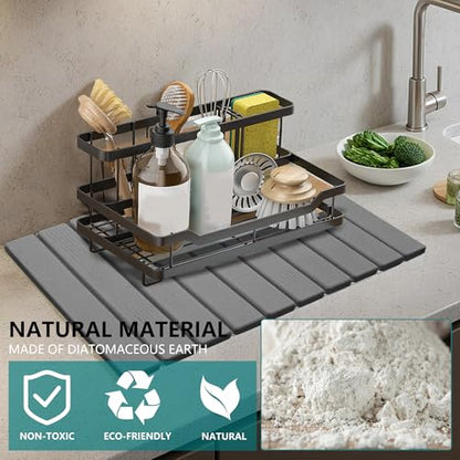 Stone Drying Mat for Kitchen Counter, Quick Dry Absorbent Collapsible Dish Drying Mat, Eco-Friendly Absorbent Diatomaceous Earth Mats for Dishes Bottles Cups Bathroom Any Counterop 24" x 15"