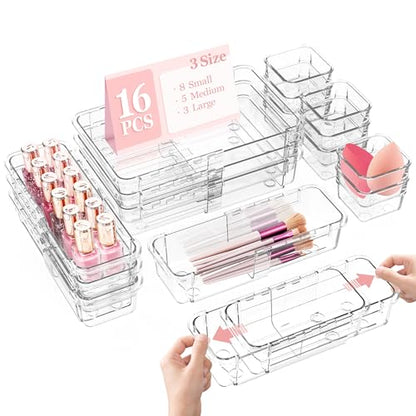 DILIBRA 16 Pcs Clear Extendable Drawer Organizer, Adjustable Drawer Storage | 3-Size Desk Drawer Organizer, Plastic Non-Slip Storage Bins for Makeup Cosmetic Jewelries Utensils Stationery Dressers Tool - size: 3Pcs Large + 5Pcs Medium + 8Pcs Small
