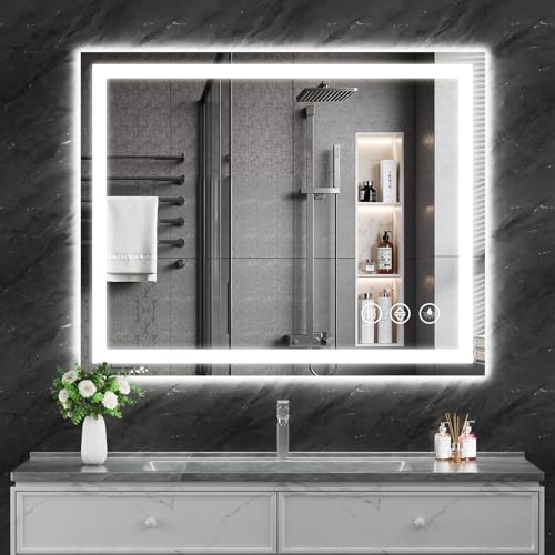 Koonmi 40x30 LED Bathroom Mirror, Shatterproof Mirror with Light | 90CRI Vanity Mirror with Anti-fog Backlit + Front Lit, 3 Color, Easy Install for Bathroom Hotel (IP65) - size: 30"L x 40"W