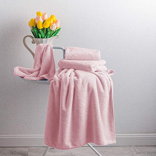 Xinrjojo 1 Bath Towel 2 Washcloths and 1 Hand Towel, 4 Piece Microfiber Quick Dry Super Soft Plush Highly Absorbent Towels Set - Pink - color: Pink